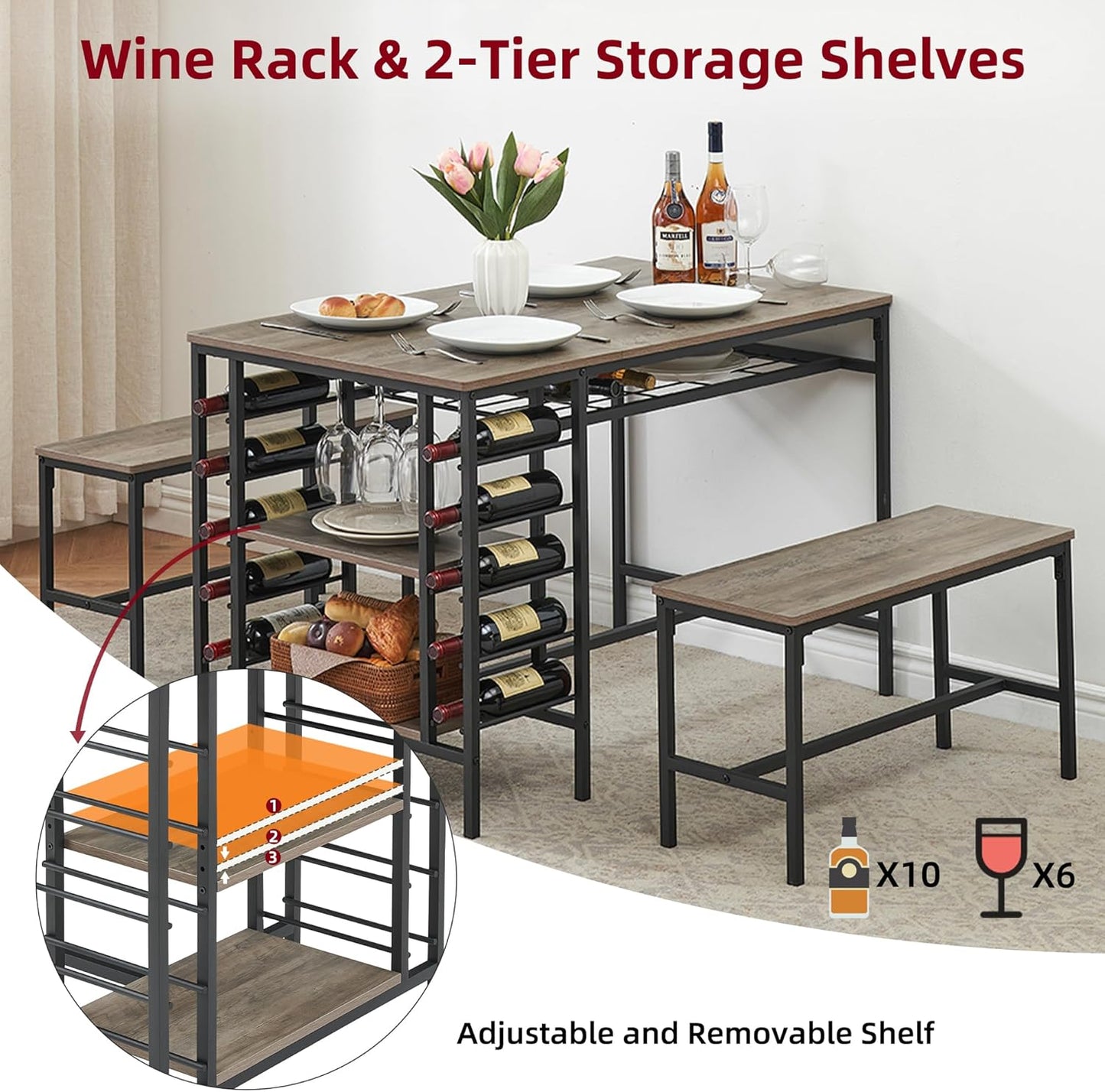 IDEALHOUSE Dining Table Set for 4, Kitchen Table Set for 4 with 2 Benches, Rectangular Dining Room Table Set with Wine Rack, 3 Piece Dining Table Set for Small Space Apartment, Grey