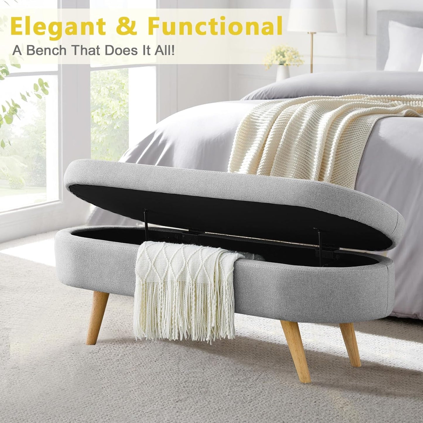 NicBex Ottoman Bench with Storage for Bedroom, 43.5" Upholstered End of Bed Bench with Rubber Wood Legs, Linen Storage Bench for Living Room or Entryway,