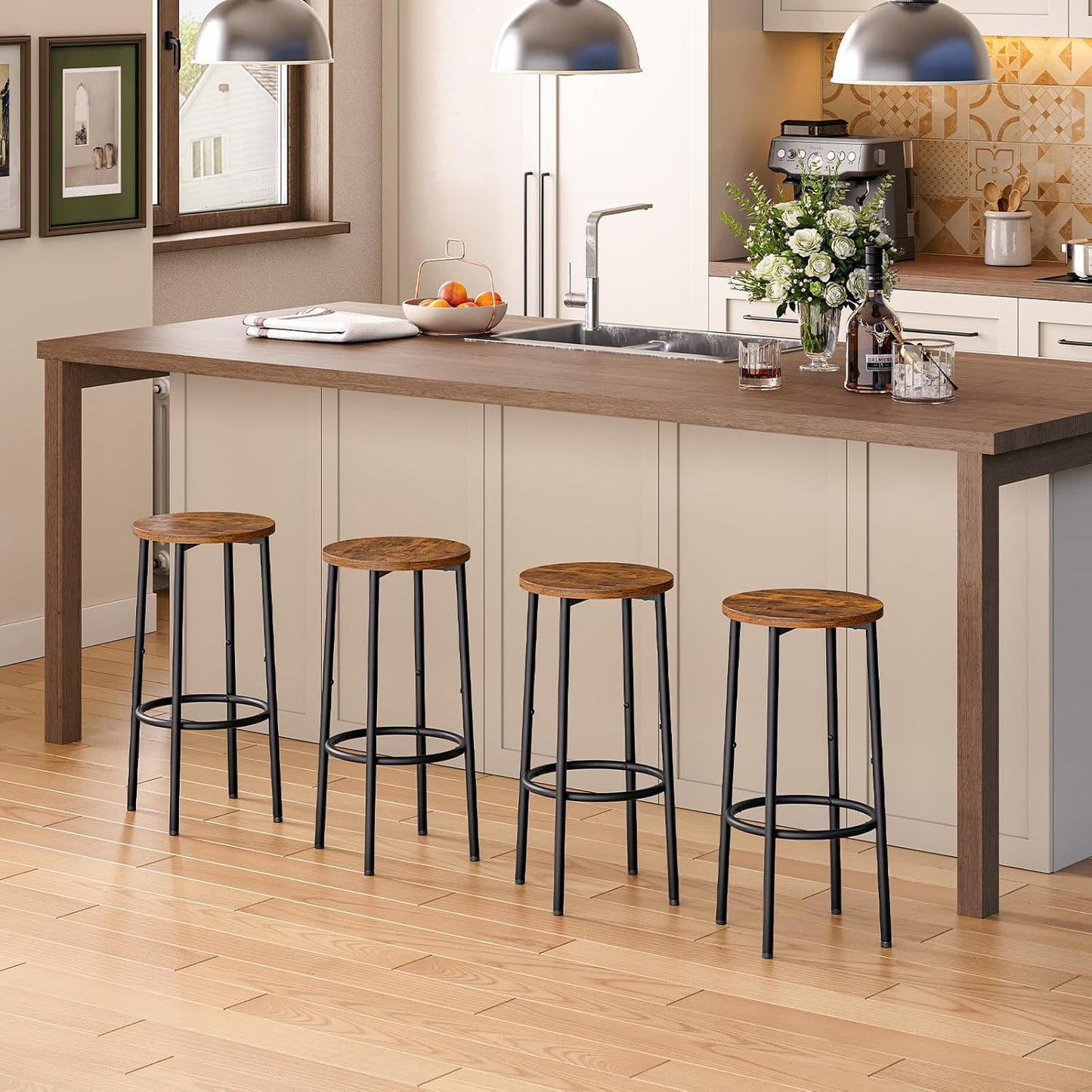 HOOBRO Bar Stools Set of 4, Counter Height Stools, Kitchen Round Height Stools, Bartools with Metal Frame and Smooth Top, for Kitchen, Bar, Cafe, Dining Room, Rustic Brown and Black BF03BYP401N1