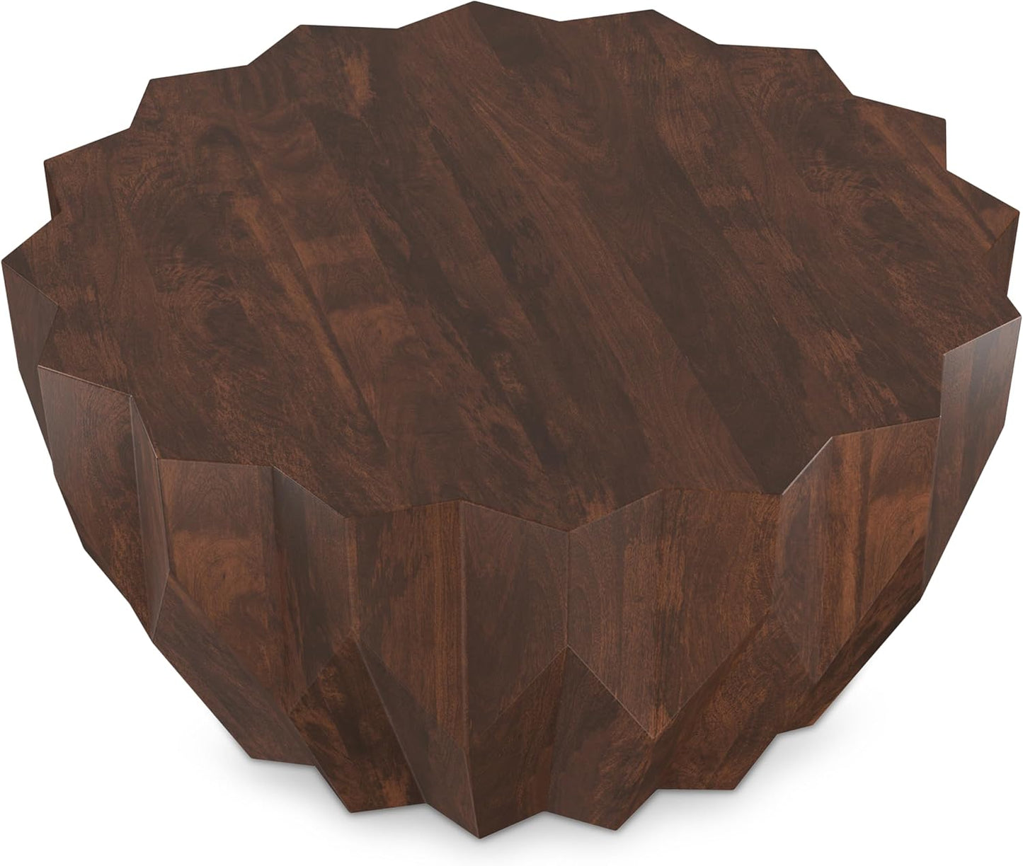 SIMPLIHOME Turnbull Coffee Table - 34 inch Wide Solid Mango Wood Living Room Table in Walnut, Contemporary Sculptural Table for Family Room with Faceted Drum Design and Geometric Cut Edges, Assembled