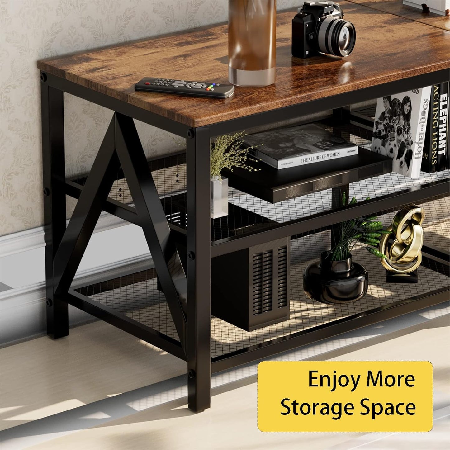 TV Stand for TVs up to 70 Inch, 63" Long Industrial TV Console Table with 3-Tier Storage Shelves, Entertainment Center for Living Room, Bedroom (Rustic Brown)