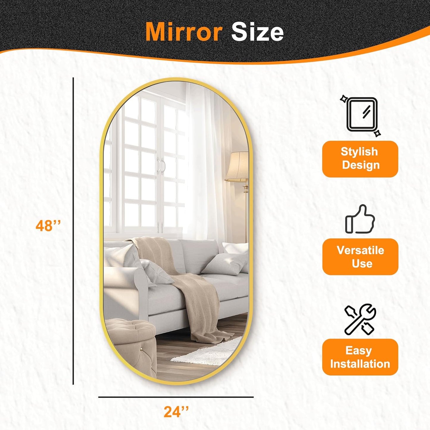 Delma Bathroom Wall Full Length Mirror for Wall, 48''x24'', Gold Oval for Bedroom Entryway Bathroom, Metal Framed Vanity(48''x24'',Gold)