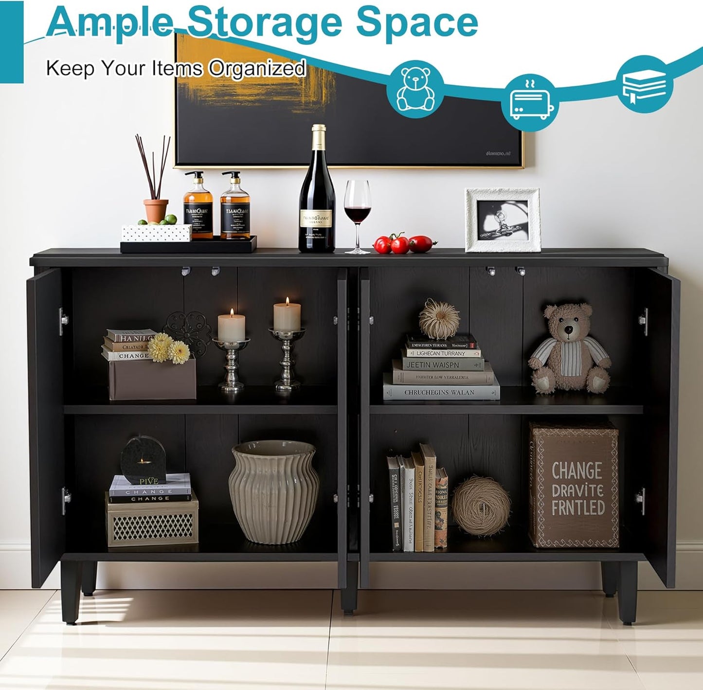 59.4" Sideboard Buffet Cabinet with Storage, Kitchen Buffet Storage Cabinet with Doors & Shelves, Modern Sideboard for Living Room, Kitchen, Hallway, Black