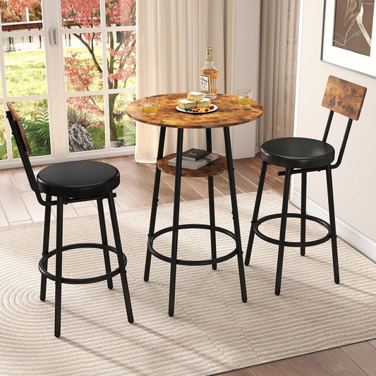 3 Pieces Round Bar Table Set, Small Dining Table for 2, Modern Kitchen Bar Table, Breakfast Table with Storage, 2 Thickened Cushion Stools with Backrest for Dining Room, Bistro-Brown