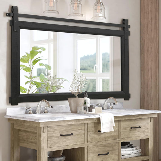 Bathroom Barn Door Mirror: 42"x28" Black Farmhouse Wood Frame - Rustic Wall Mirror for Entryway/Living Room Wall Decor