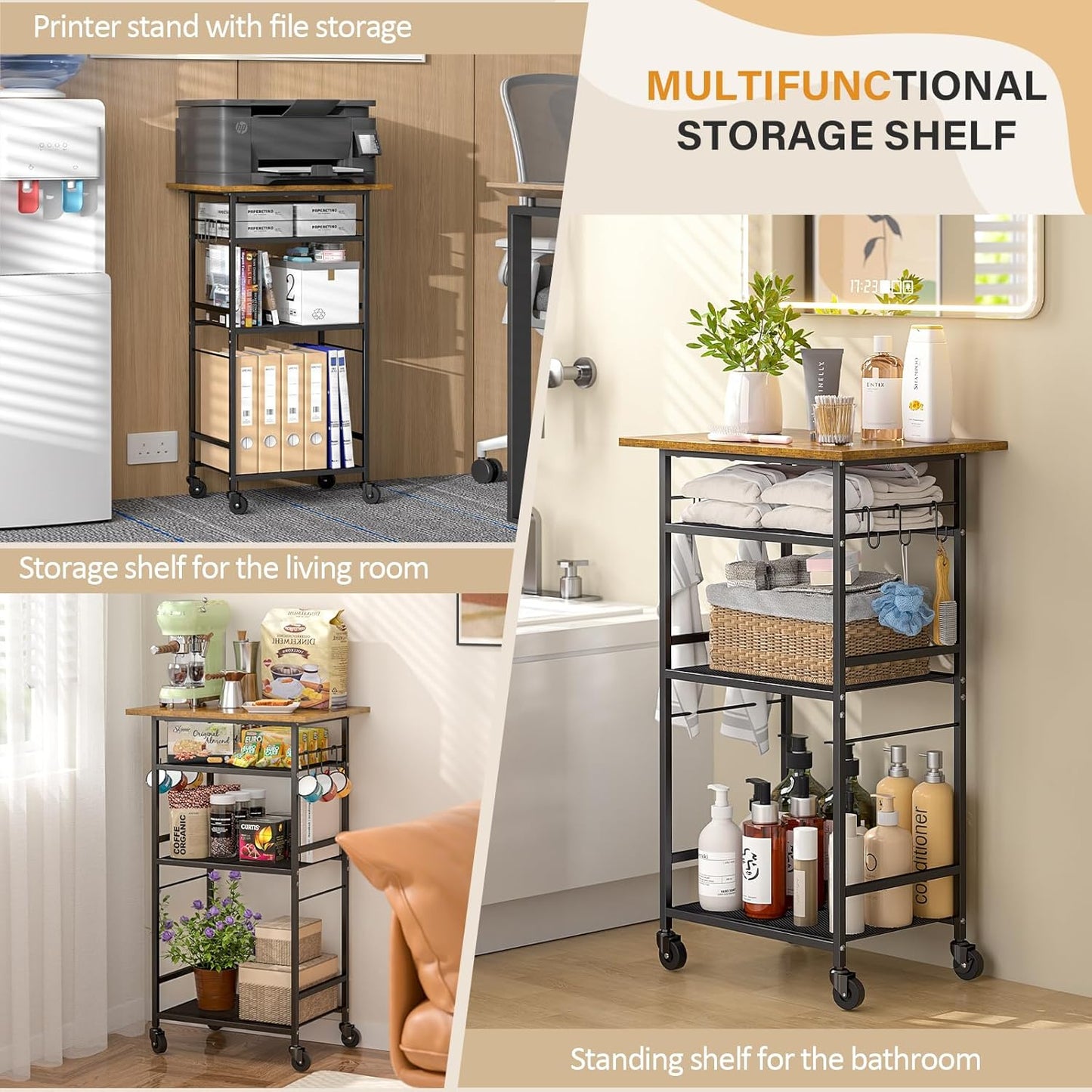 Rolling Kitchen Microwave Cart, 4 Tier Microwave Table Stand with Storage, Kitchen Storage Rack on Wheels, Coffee Station Cart Rack Shelf Organizer for Living Room Office, Balcony