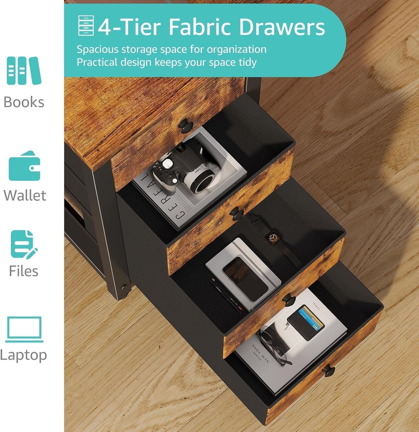 Lufeiya Computer Desk with Fabric Drawers - 55 Inch Long Study Work Writing Desk for Home Office Bedroom, Reversible Simple Modern Cute PC Desks with Drawer, Rustic Brown