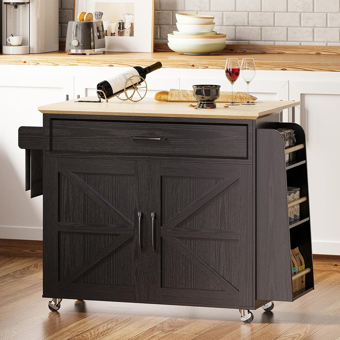 IRONCK Kitchen Island Cart with Storage, Rolling Kitchen Table with Power Outlet, Storage Cabinets on Wheels with Drop Leaf, Portable for Dining Room, Black