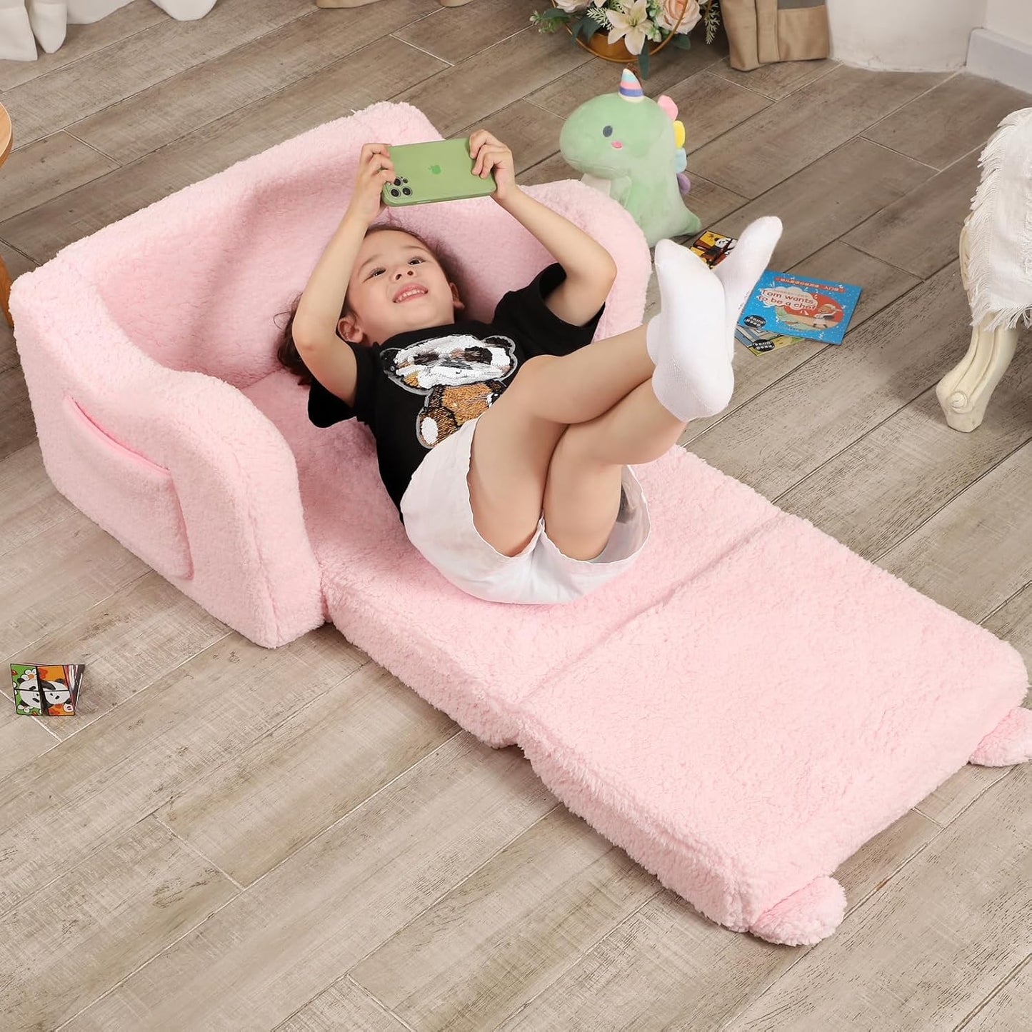 Kids Chairs for Toddler, 2-in-1 Toddler Soft Sherpa Couch Fold Out, Convertible Sofa to Lounger for Girls and Boys, Teddy Bear, Pink