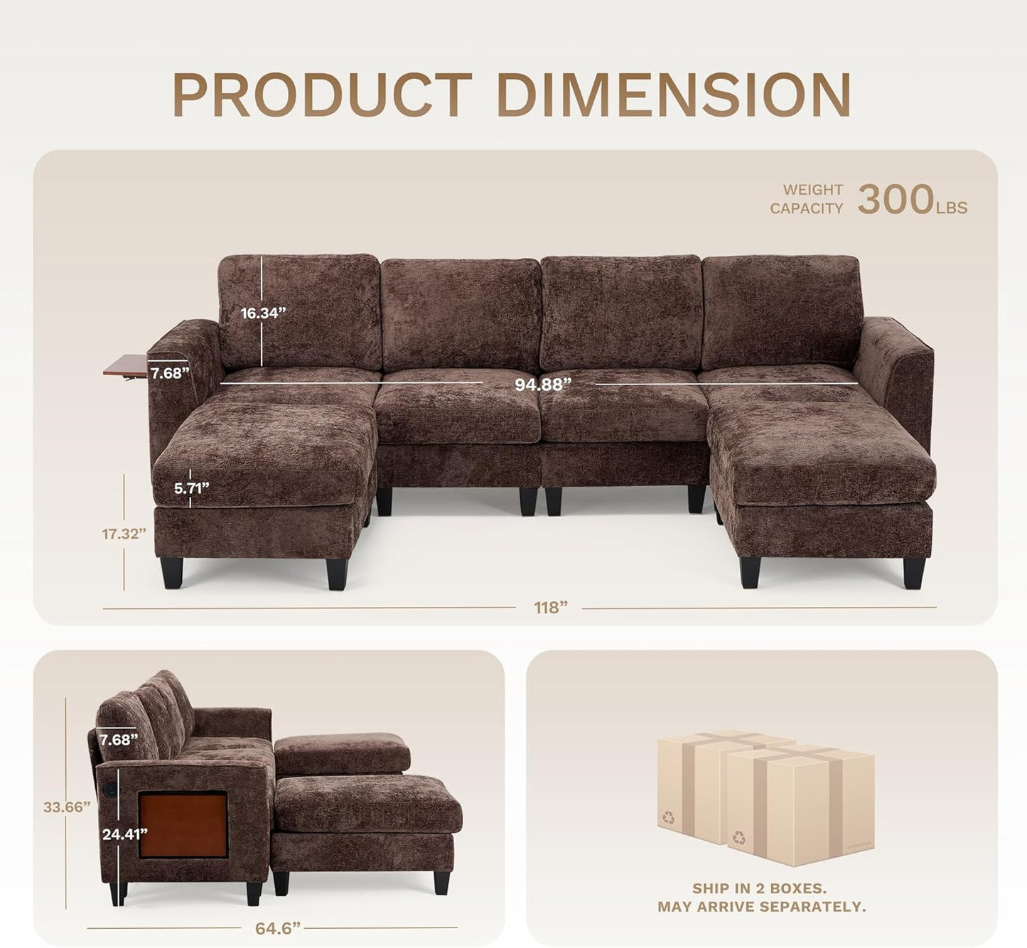 COLAMY 118" U-Shaped Sectional Couch, 4-Seat Modular Sofa with 2 Ottomans and Foldable Side Table, Brown for Living Room