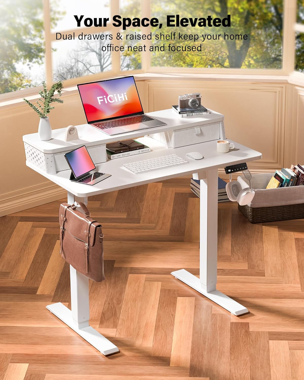 35x20 Inch Standing Desk with Double Drawers, C-Clamp Mount Compatible, Electric Adjustable Height Computer Stand Up Desks, Home Office Sit Stand Table with 3 Preset Heights & 2 Hooks, White