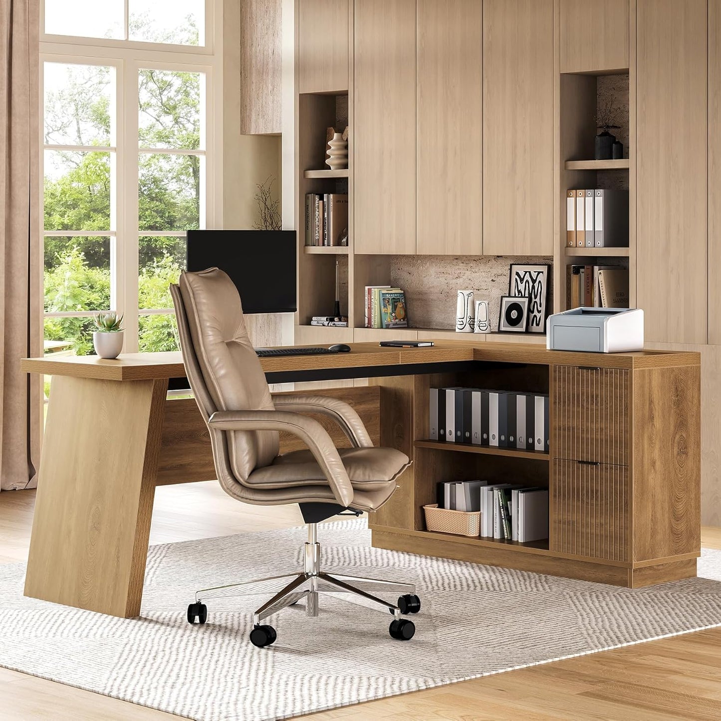 LITTLE TREE 78-Inch L-Shaped Executive Desk, Modern Desk with Drawers & File Cabinet, Large Walnut Office Workstation with Storage Shelves for Home Office