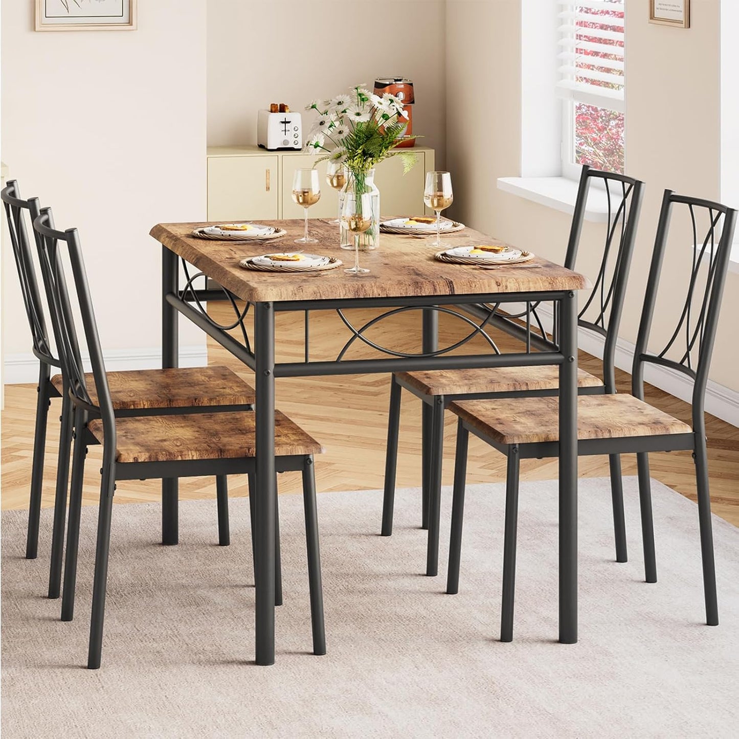 GAOMON Dining Table Set for 4, Rectangle Kitchen Table with 4 Wood Chairs Set for 4, 5-Piece Compact Apartment Kitchen & Dining Room Set Furniture for Small Spaces, Space-Saving, Rustic Brown