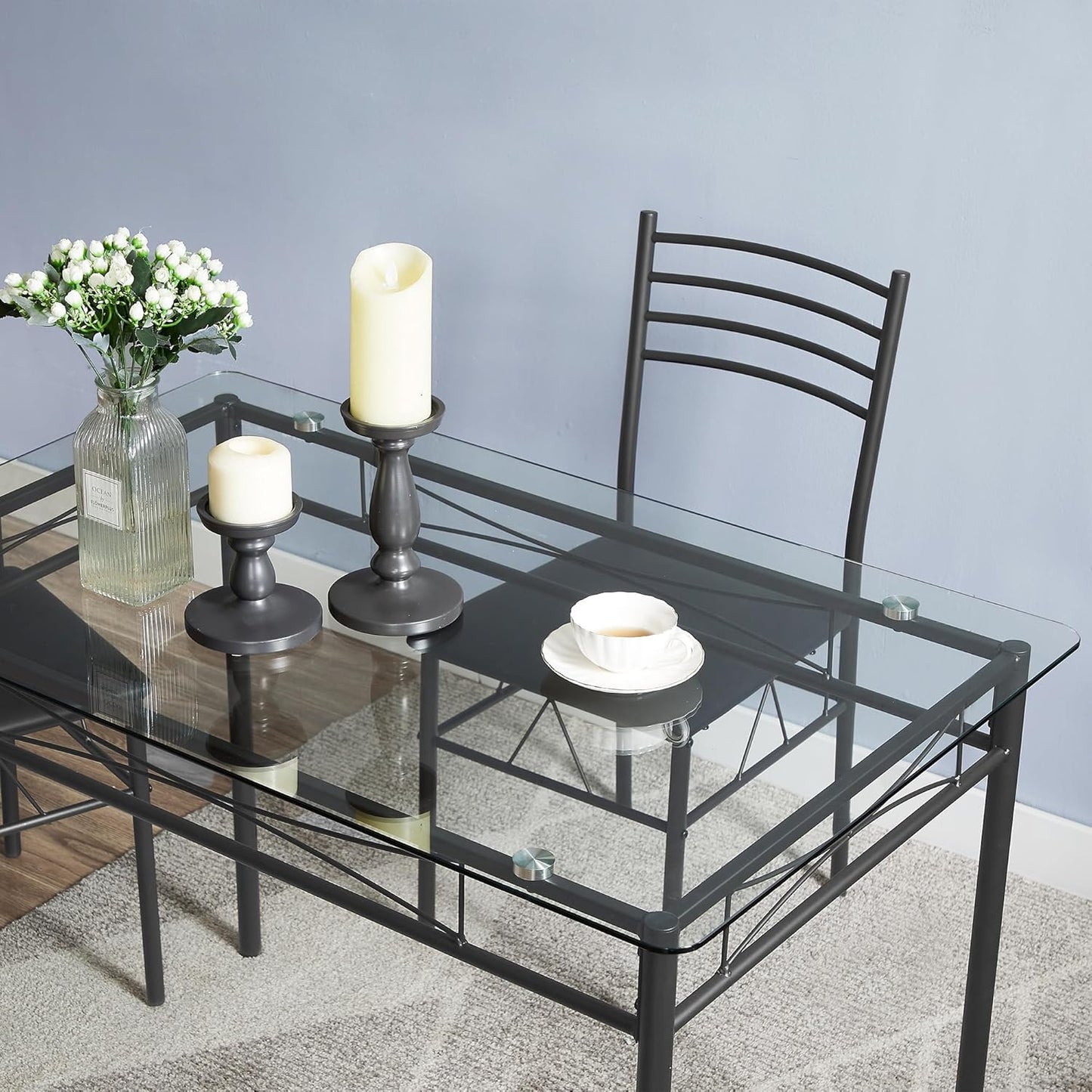 VECELO 5-Piece Kitchen Dining Table Set, Glasses Tabletop & Heavy-Duty Metel Frame, Rectangle Dinette with 4 Chairs for Small Space, Breakfast Nook, Glasses & Black