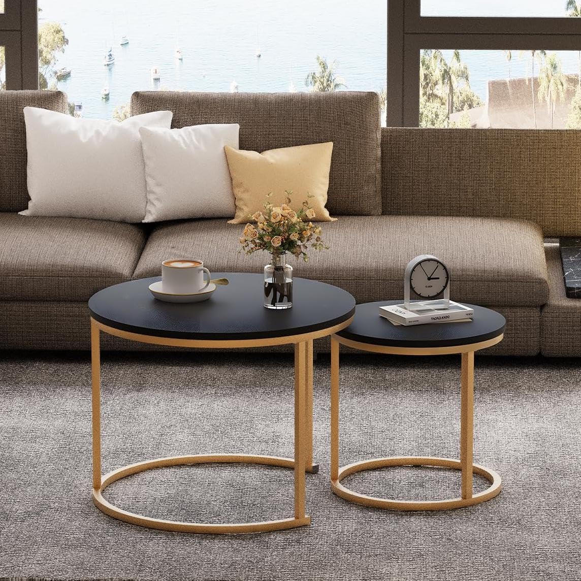 Garden 4 you Nesting Coffee Table, 23.6" Round Coffee Table Set of 2, Wooden Nesting Table Set with Metal Frame, Side Tables for Living Room Bedroom Balcony, Black