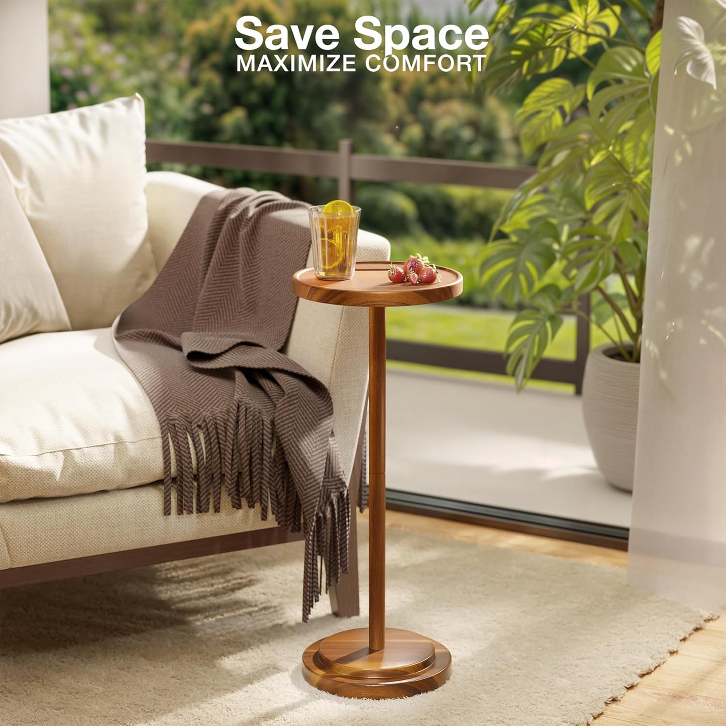 Drink Table, 24.4" Tall Compact Side Table with Phone Slot and Weighted Base, Durable Pedestal Table Accent for Living Room (Stepped Base, Acacia)