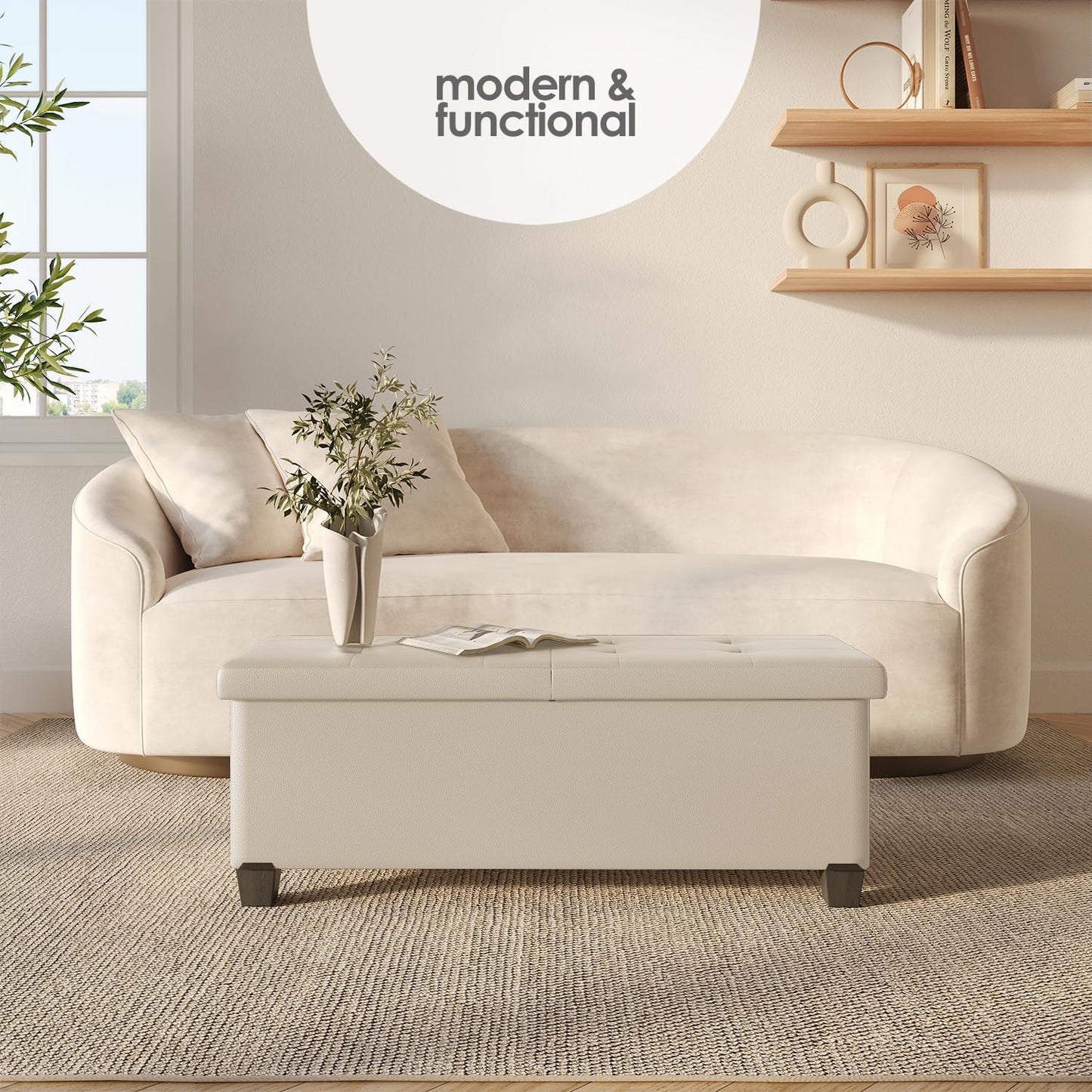 STORAGEBUD Storage Ottoman Bench with Bins, 43-in Storage Bench for Bedroom End of Bed, Folding Foot Rest Ottoman for Living Room Max 660lbs, Faux Leather Ottomans, Beige