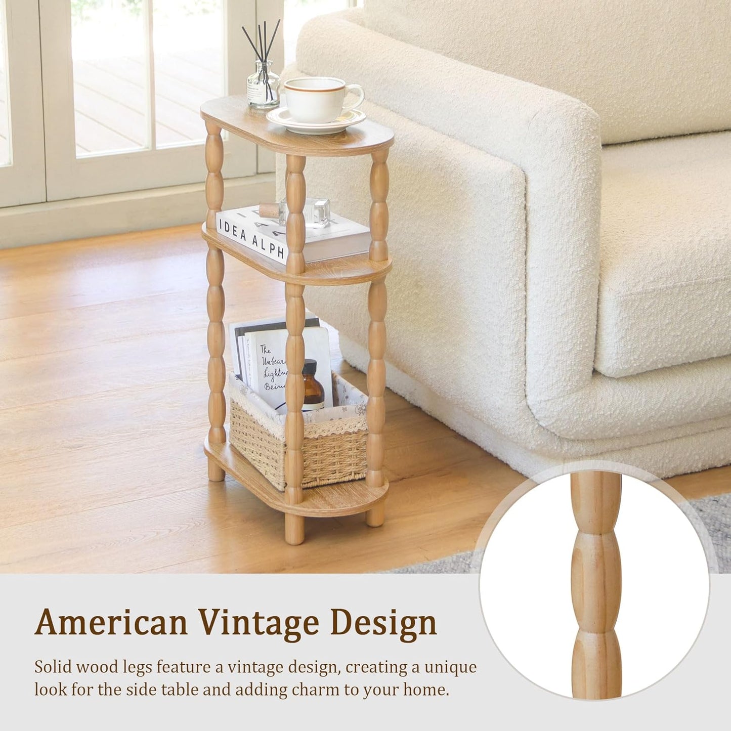 MaxSmeo Narrow Side Table, Small End Table with 3-Tier Open Shelf, Slim Bedside Table Nightstand for Small Spaces, Bedroom, Living Room (Rustic Walnut)