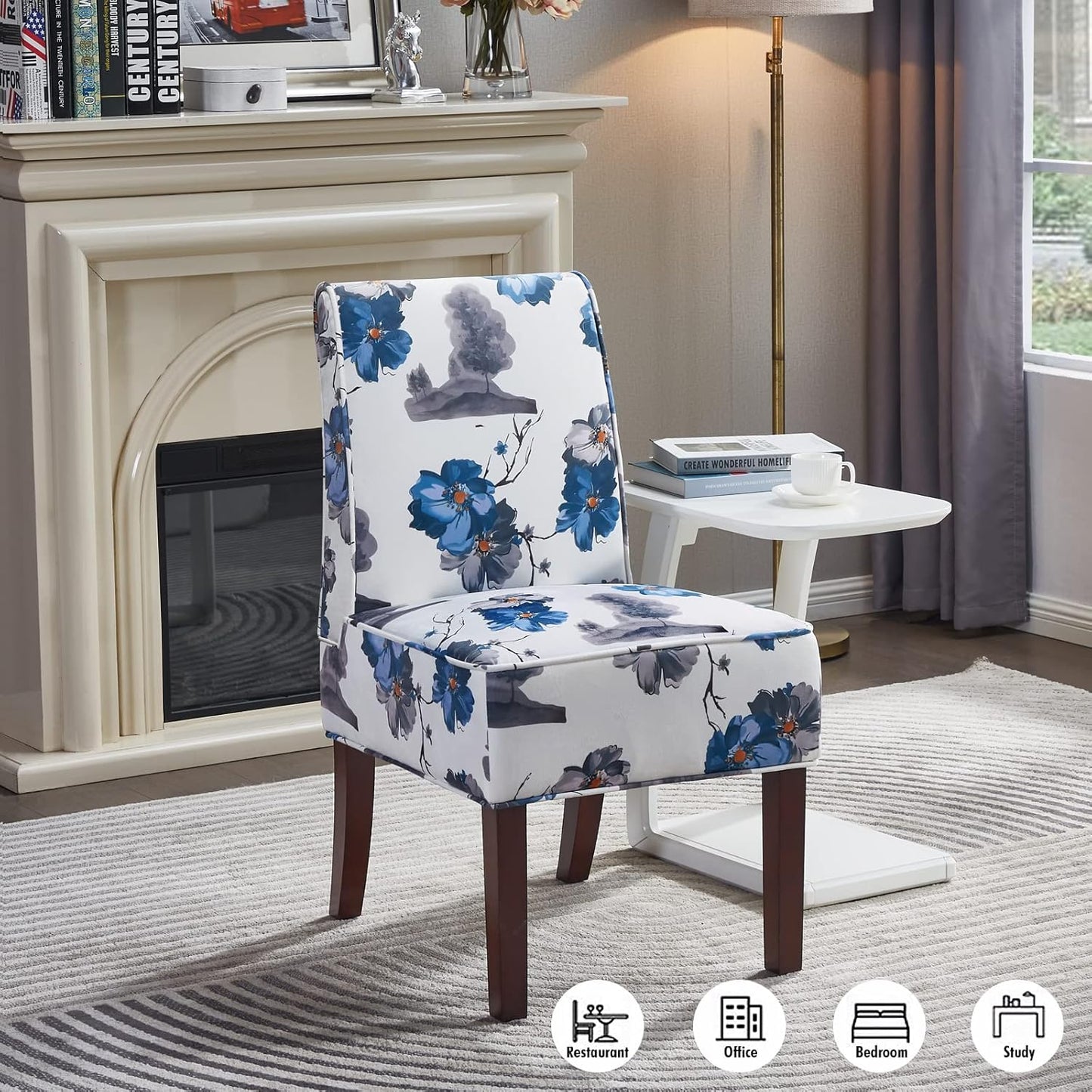 Chair Dining, Upholstered Dining Chair, Accent Chair with Solid Wood Legs and Padded Seat, White Velvet with Ink Paint Pattern Armless Accent Chair for Living Room, Bedroom, Kitchen…