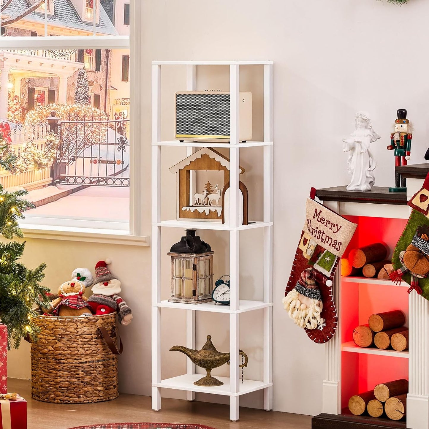 54in Tall Bookshelf 5-Tier Small Narrow Bookcase, Skinny Book Shelf for Small Space, Farmhouse Slim Shelf with Storage, Wood Freestanding Display Thin Bookshelves for Living Room, Office, White