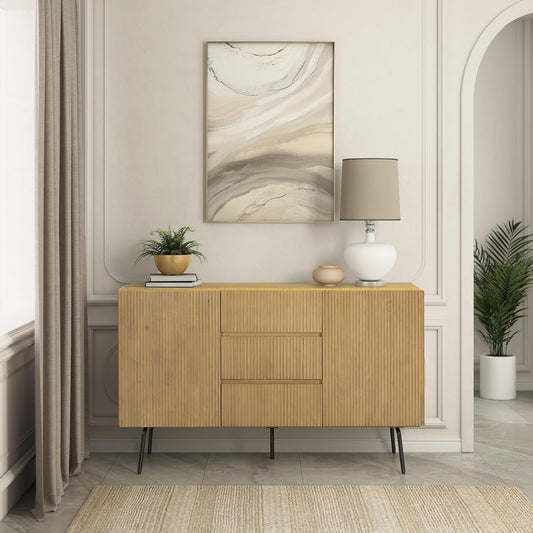 NTC Veil Sideboard with 2 Doors and 3 Drawers, Buffet Cabinet with Vertical Groove Design and Metal Legs, Storage Cabinet for Living Room, and Entryway, Effortless Assembly, Sand