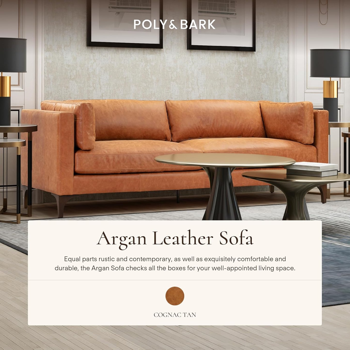 Poly & Bark Argan Leather Couch - 93 Inch Sofa - Full-Grain Leather Sofa for Living Room with Feather Down Topper - Living Room Couch - Pure Aniline Vintage Italian Leather in Cognac Tan