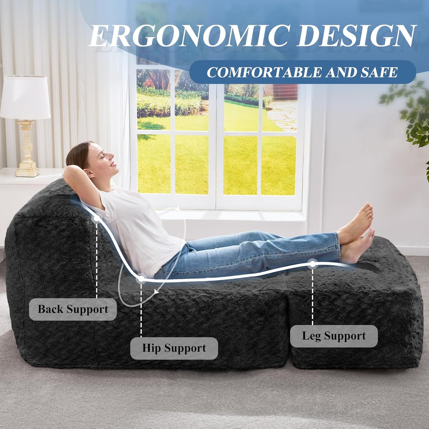 Hobestluk Bean Bag Chair Big Bean Bag Lounger for Adults Bean Bag Couch with Memory Foam Filled for Living Room, Bedroom or Balcony (Chevron Plush Black)