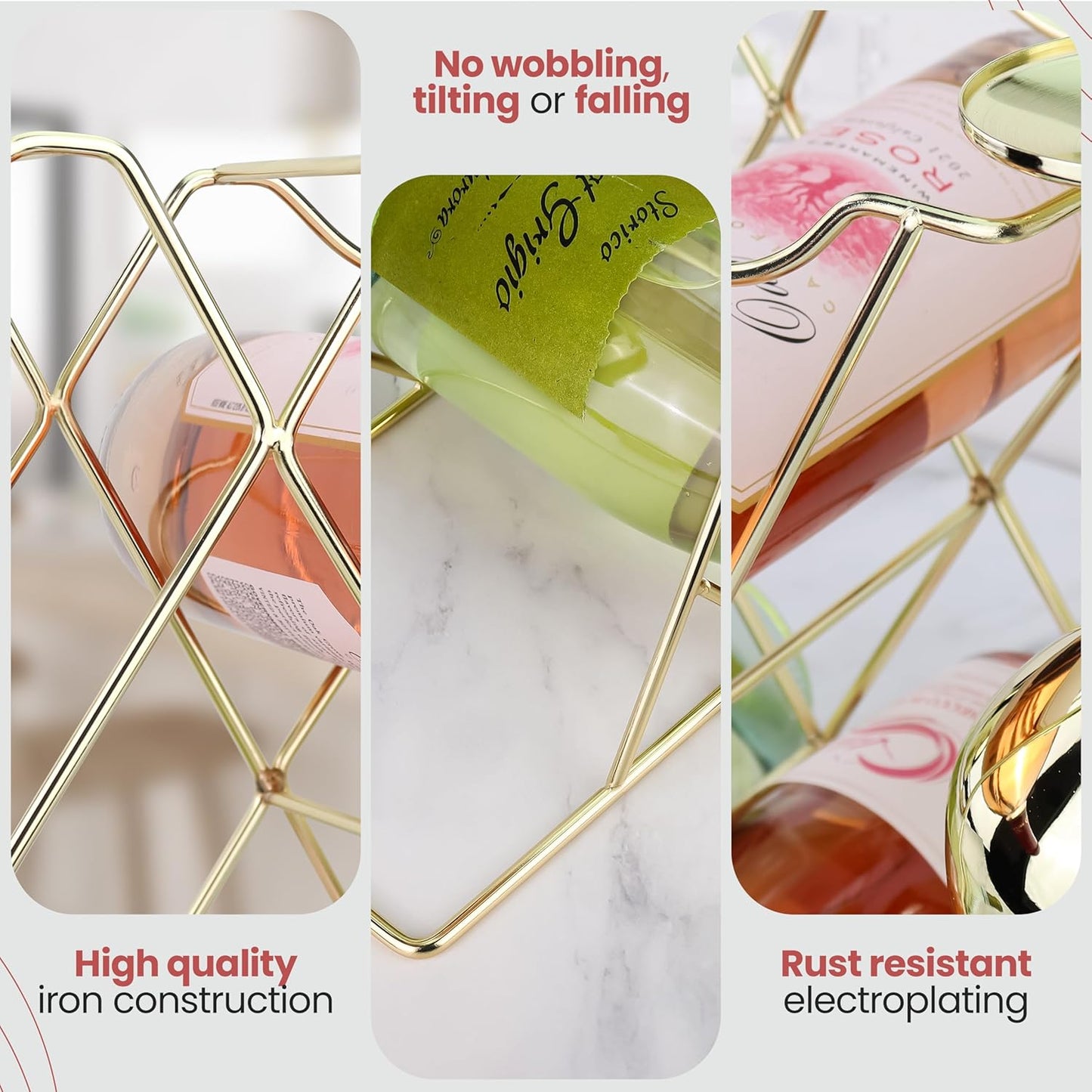 Gusto Nostro Countertop Wine Rack with Glass Holder for 8 Bottles & 4 Glasses - Tabletop Modern Small Wine Rack for Home Kitchen Cabinet Wine Cellar Storage - No Assembly Wine Bottle Holder (Gold)