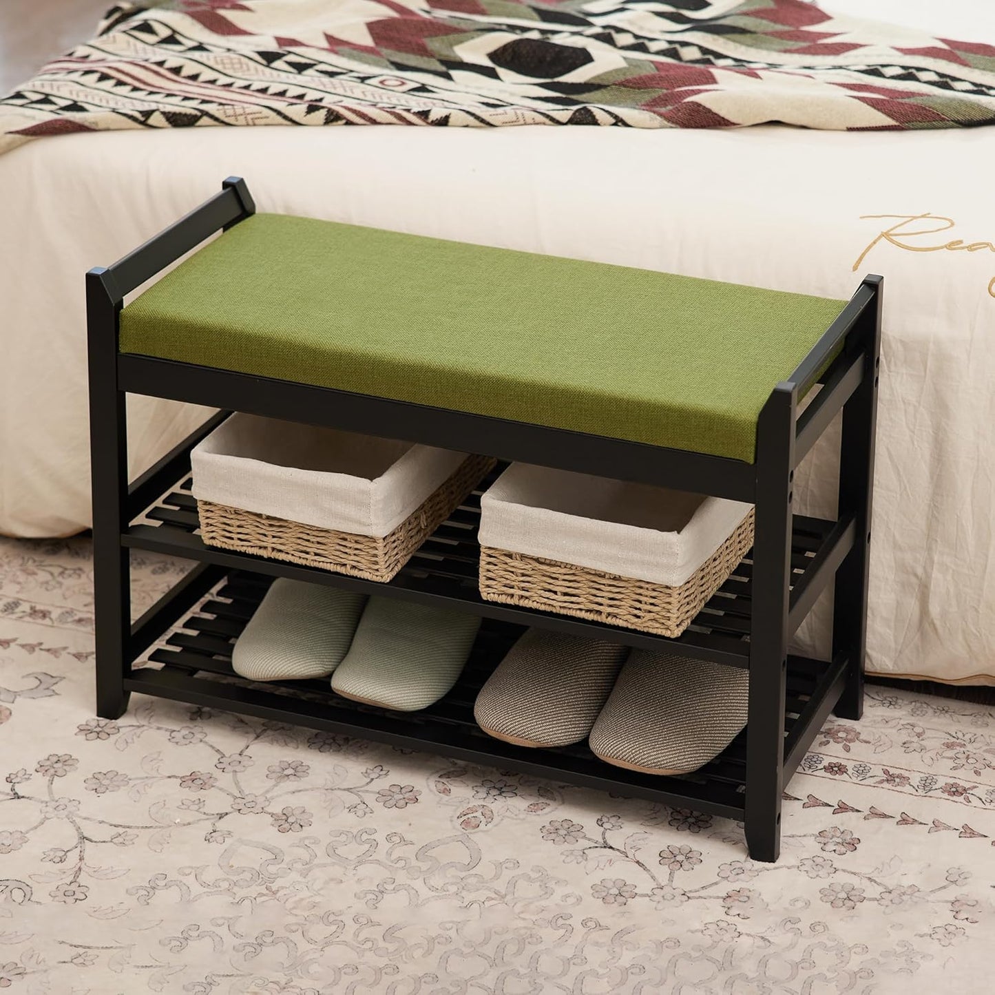 Shoe Rack Bench with Storage 27.6 in, Black Shoe Storage Bench with Cushion for Entryway, Hallway, Bedroom, Living Room