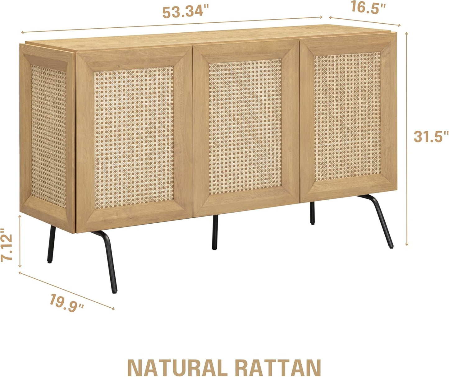 NTC MOSSIC Modern Sideboard with 3 Doors, Natural Rattan Storage Cabinet, Buffet with Metal Legs, Boho Accent Cabinet for Living Room, and Entryway, Effortless Assembly, Sand