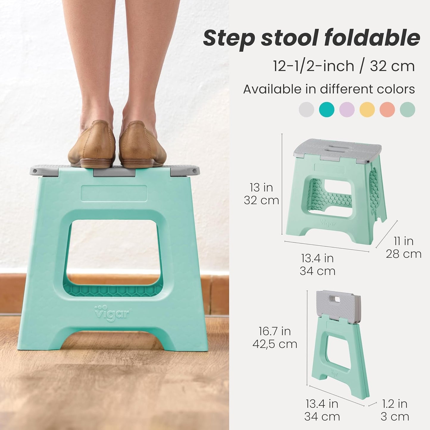 Vigar Compact Step Stool Foldable, 12-1/2-inch Step Stools for Adults up to 330 Pound, Lightweight Stool, Non-Slip Folding Step Stool, Light Turquoise