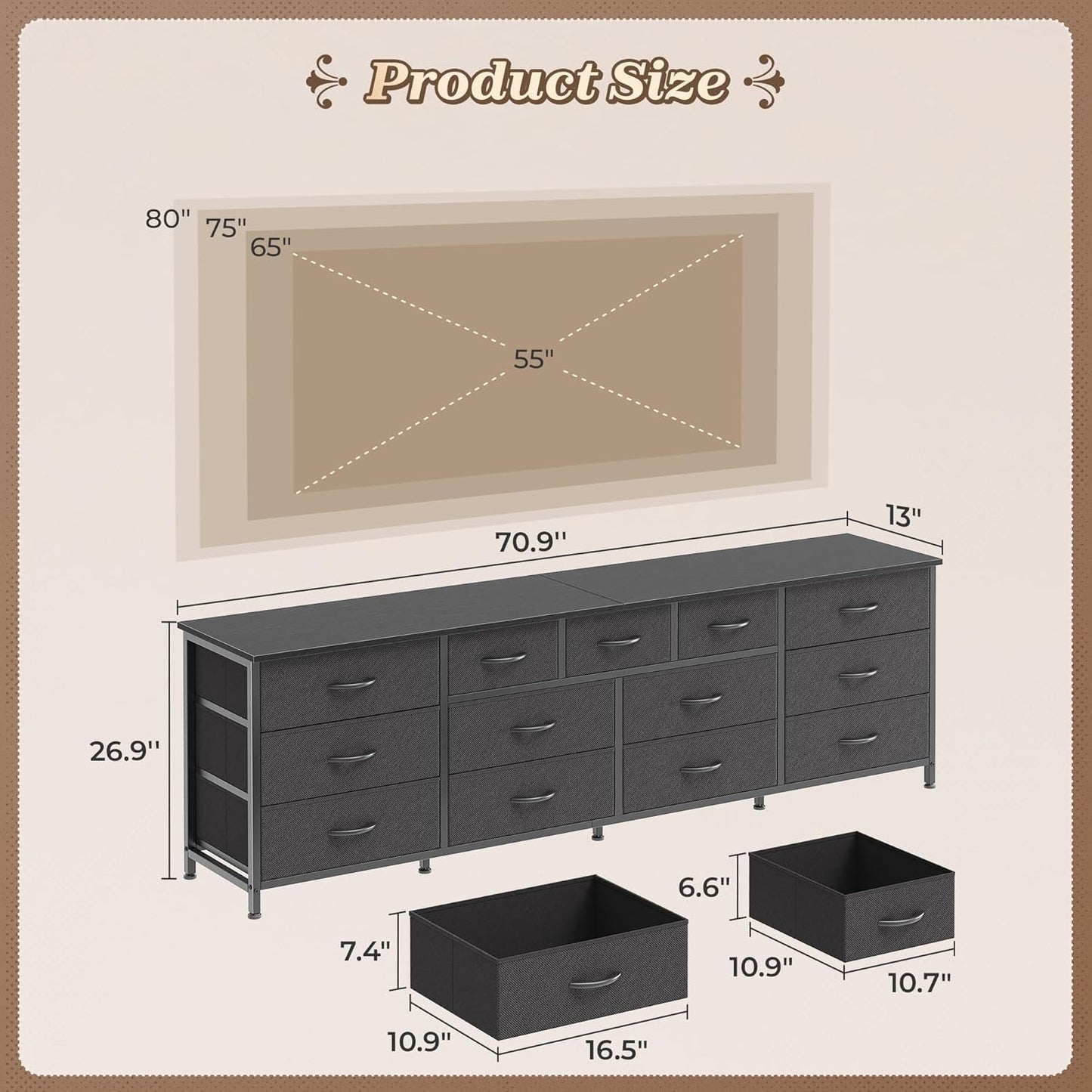 Huuger 70 Inch Black Dresser for Bedroom, TV Stand for 65, 75, 80 Inch TV, 13 Fabric Drawer Long Dresser, Wide Chest of Drawer, Storage Units for Bedroom