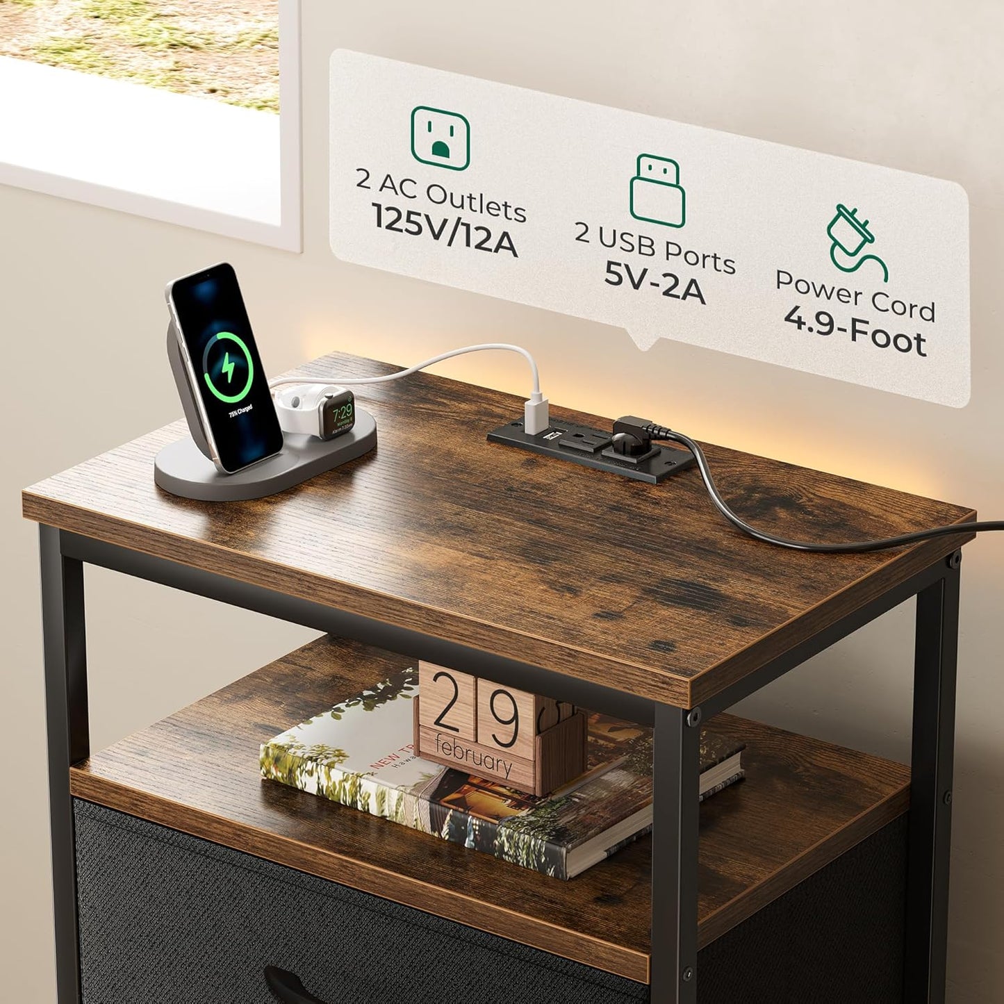 Huuger 5 Drawers Tall Dresser with Charging Station, Dresser for Bedroom, Tall Night Stand, Chest of Drawers with Open Shelf, Bedside Table Nightstand, Fabric, Rustic Brown and Black