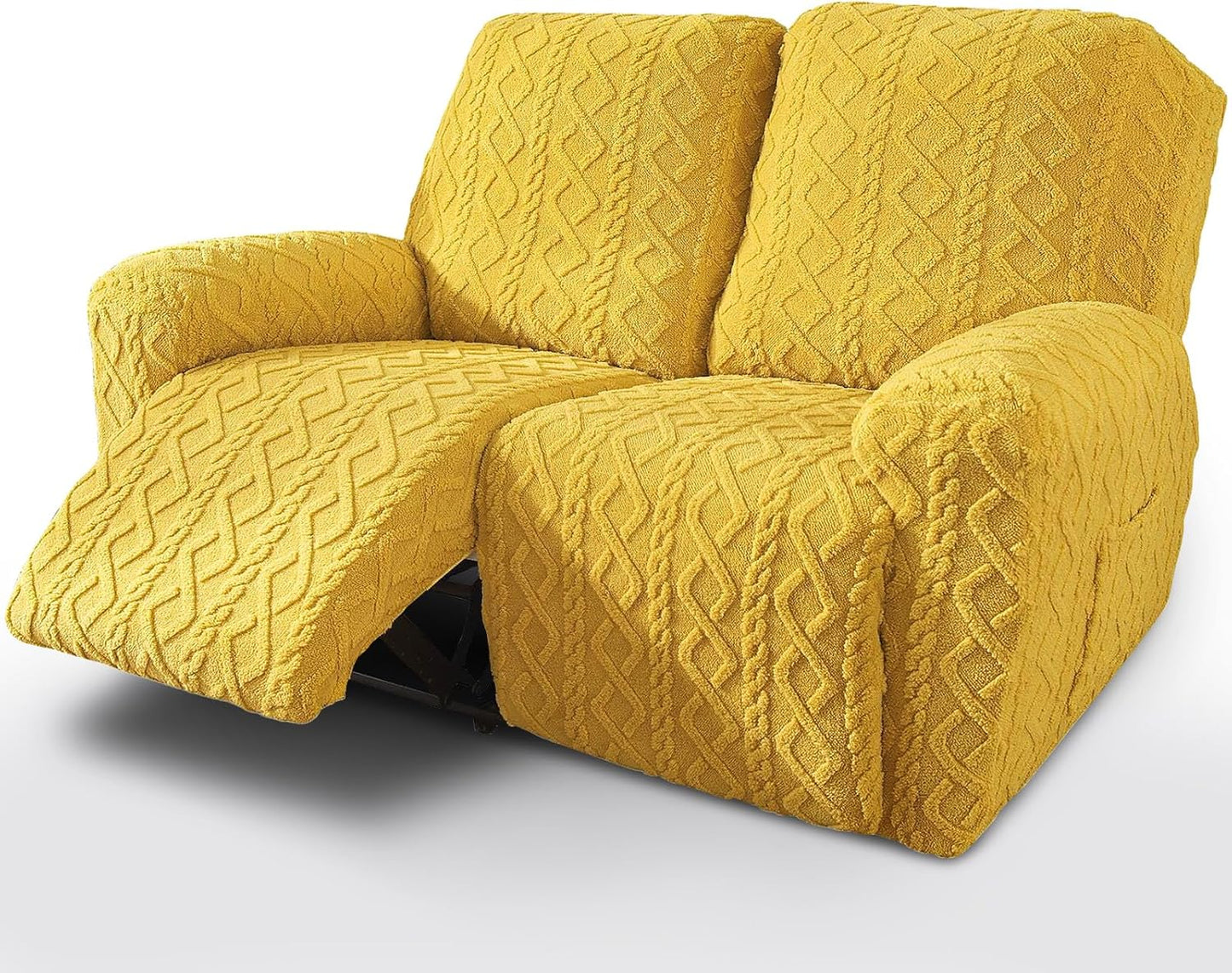 vctops 6 Pieces Geometric Jacquard Plush Recliner Loveseat Slipcovers Soft Fuzzy Fluffy Sofa Couch Cover Anti-Slip Furniture Protector with Elastic Bottom for Kids Cats Dogs(Yellow,2 Seat)