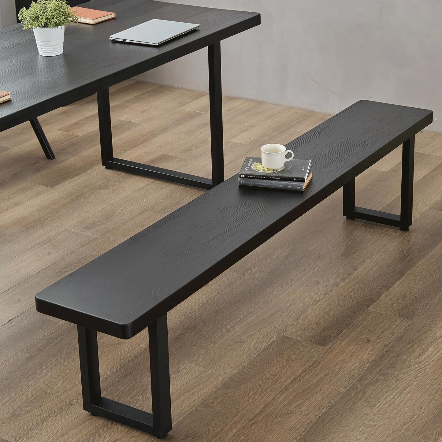 Black Bench Wooden Bench with Metal Legs Suitable for Dining Room Living Room Office Conference Room Indoor Stool Multiple （55.12in）