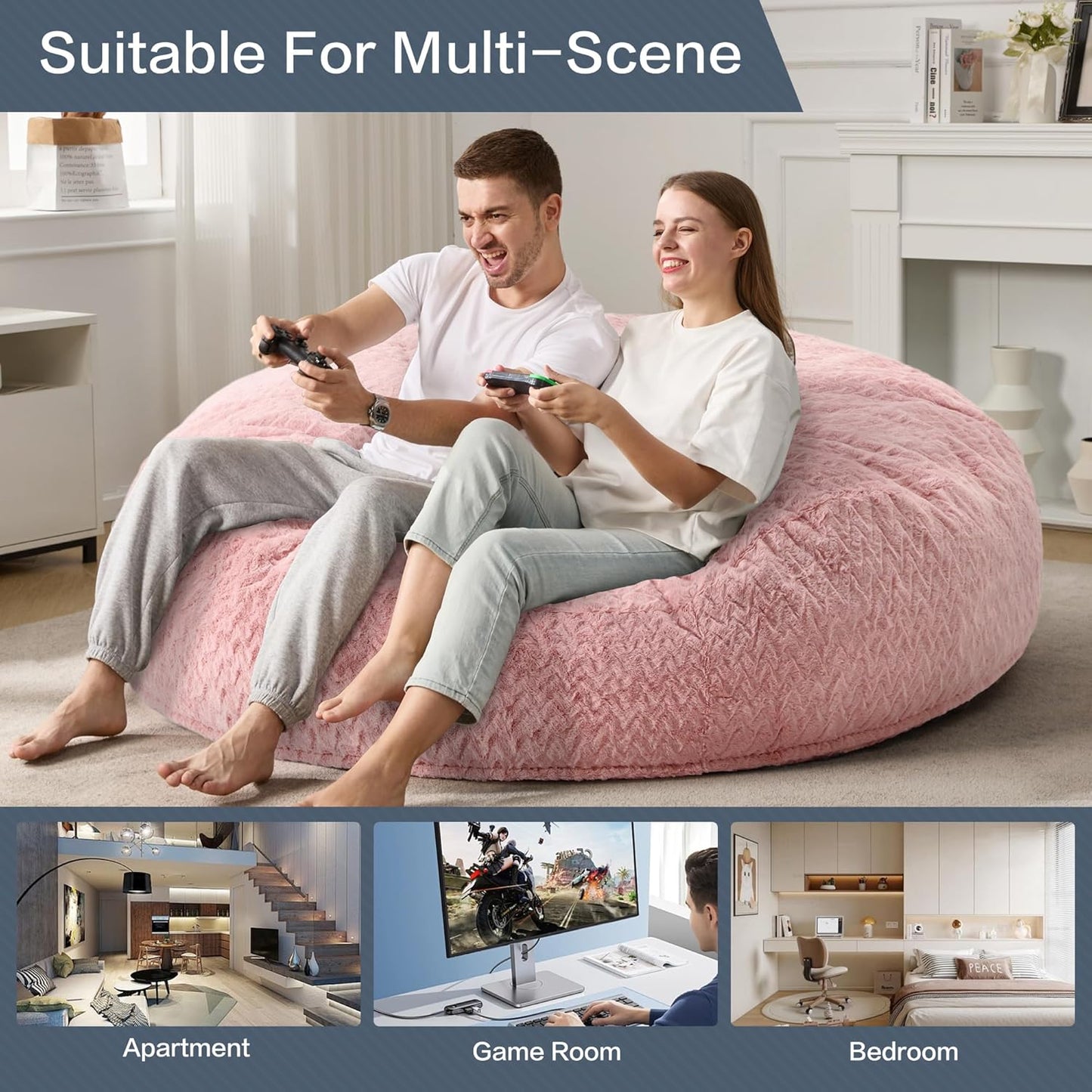 Hobestluk 6ft Bean Bag Chairs for Adults Large Beanbag Chair with Chevron Plush Fur Cover Big Bean Bag Chair for Living Room Bedroom Dorm Office - Pink (70" x 70" x 15")