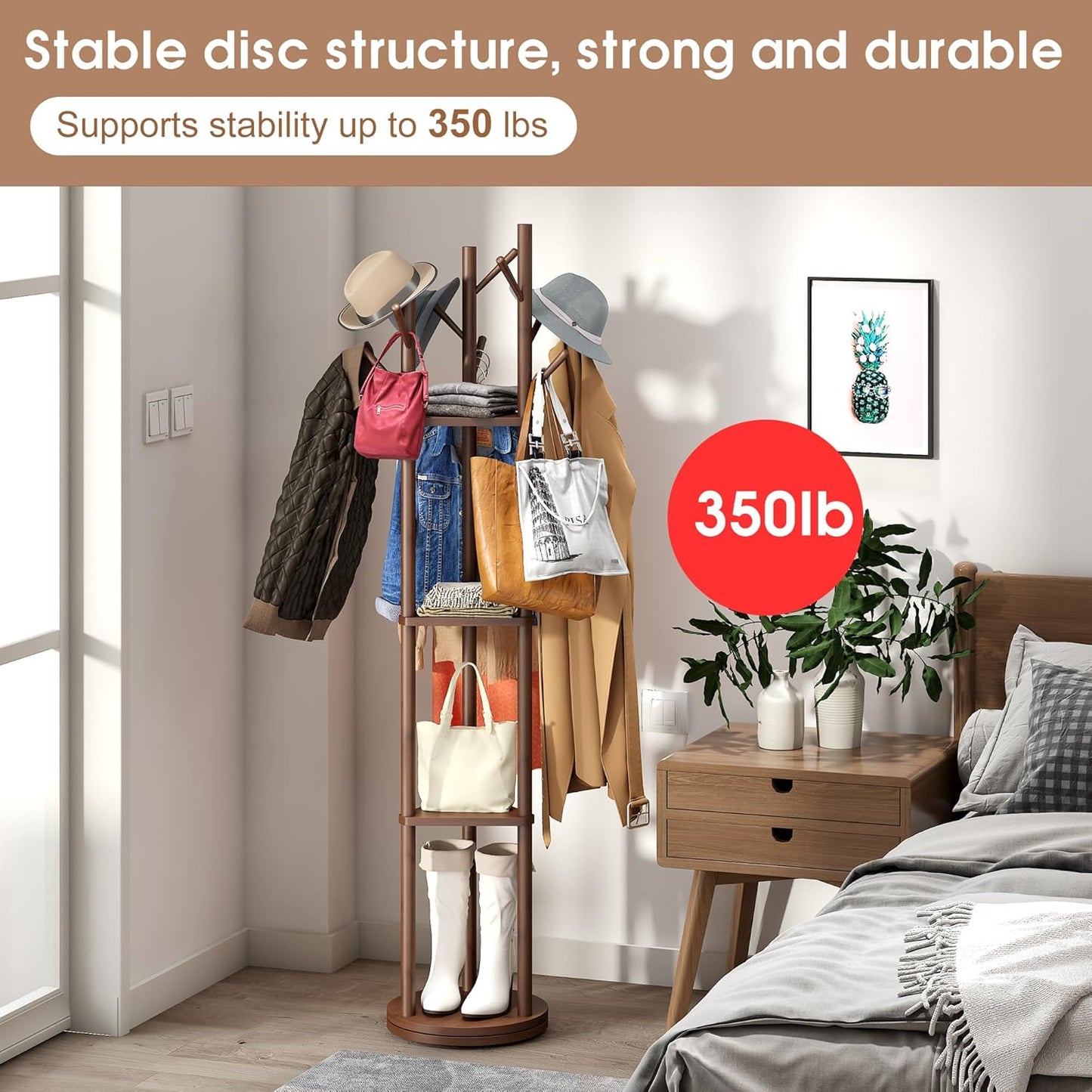 FILWH Bamboo Coat Rack Rotary Freestanding with Shelf Tree Stand for Hallway Entryway Hanger Stand with 9 Hooks 3 Shelves (Brown)