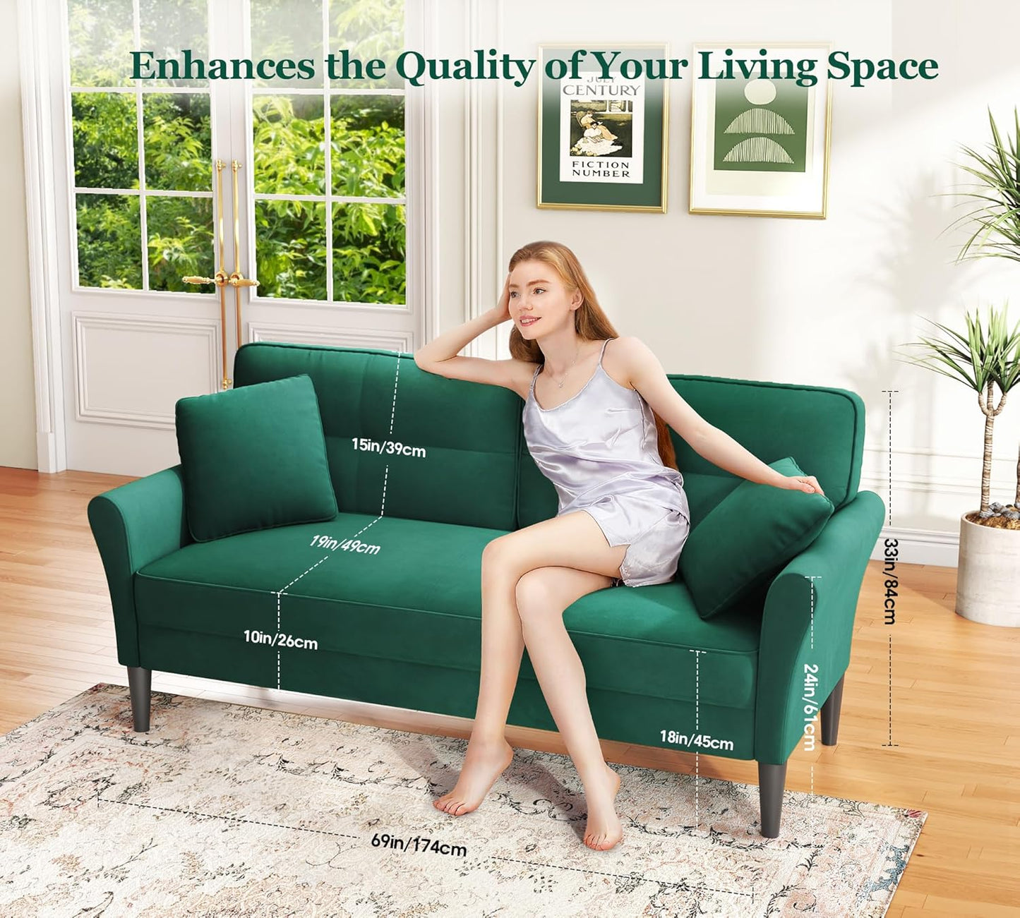 69" Small Sofa, Soft Small Couch with 2 Pillows, Comfy Love Seat Couches, Tool-Free Setup Loveseat Sofa, 700lb Load Sofas for Living Room, Cozy Couches for Living Room, Mini Couch for Bedroom, Green