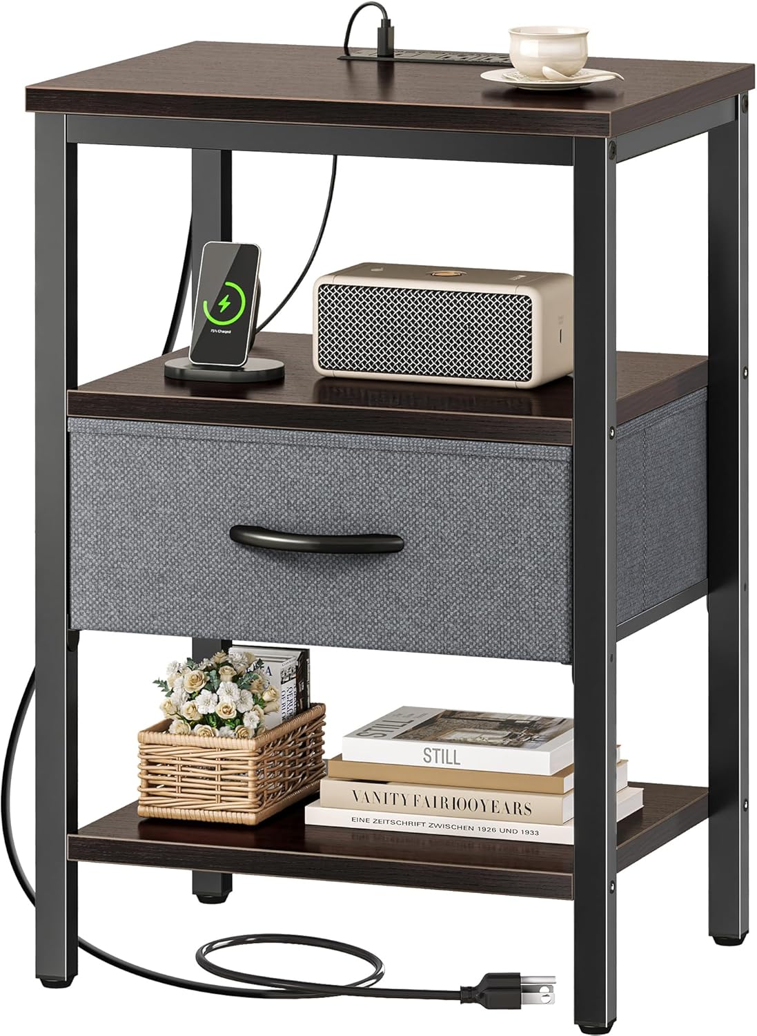 SUPERJARE Nightstand with Charging Station, Bed Side Table with Adjustable Fabric Drawer, Night Stand for Bedroom, 3-Tier Storage End Table, for Living Room - Walnut