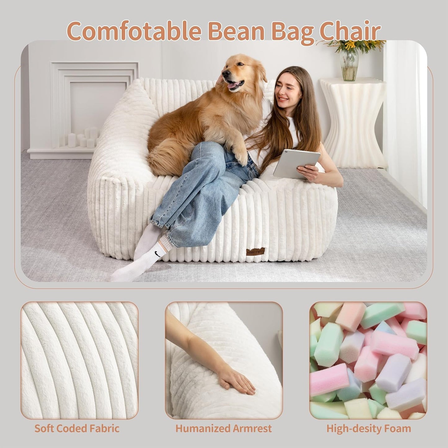 HABUTWAY Bean Bag Chair, Giant Bean Bag Chairs for Adults and Kids, Bean Bag Sofa, Lazy Floor Sofa, Faux Fur Beanbag Chair with Armrests for Living Room Bedroom (Beige)