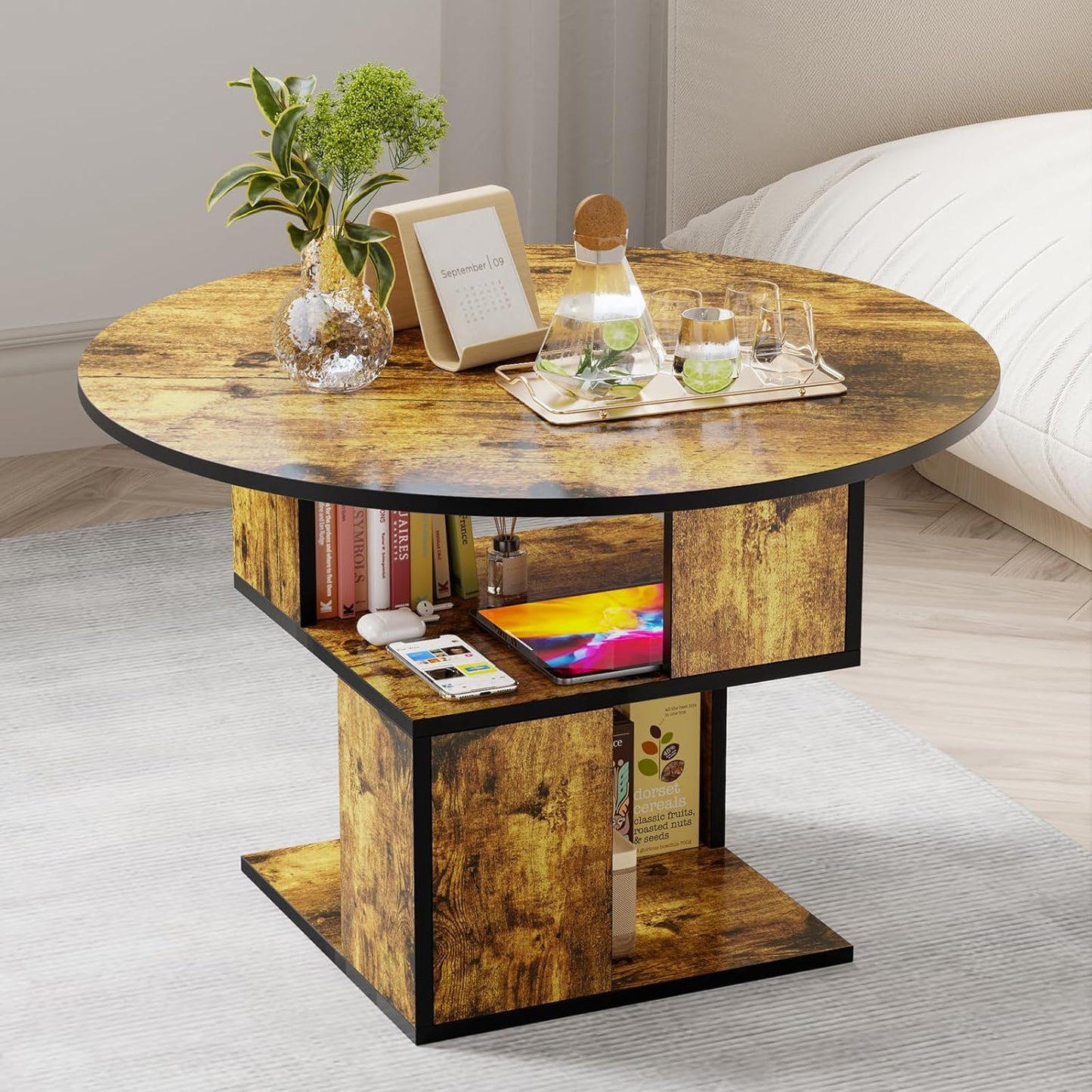Elephance Round Coffee Table with Storage,3-Tier Coffee Table for Living Room,Wooden Tabletop-Caramel Brown with Black Frame