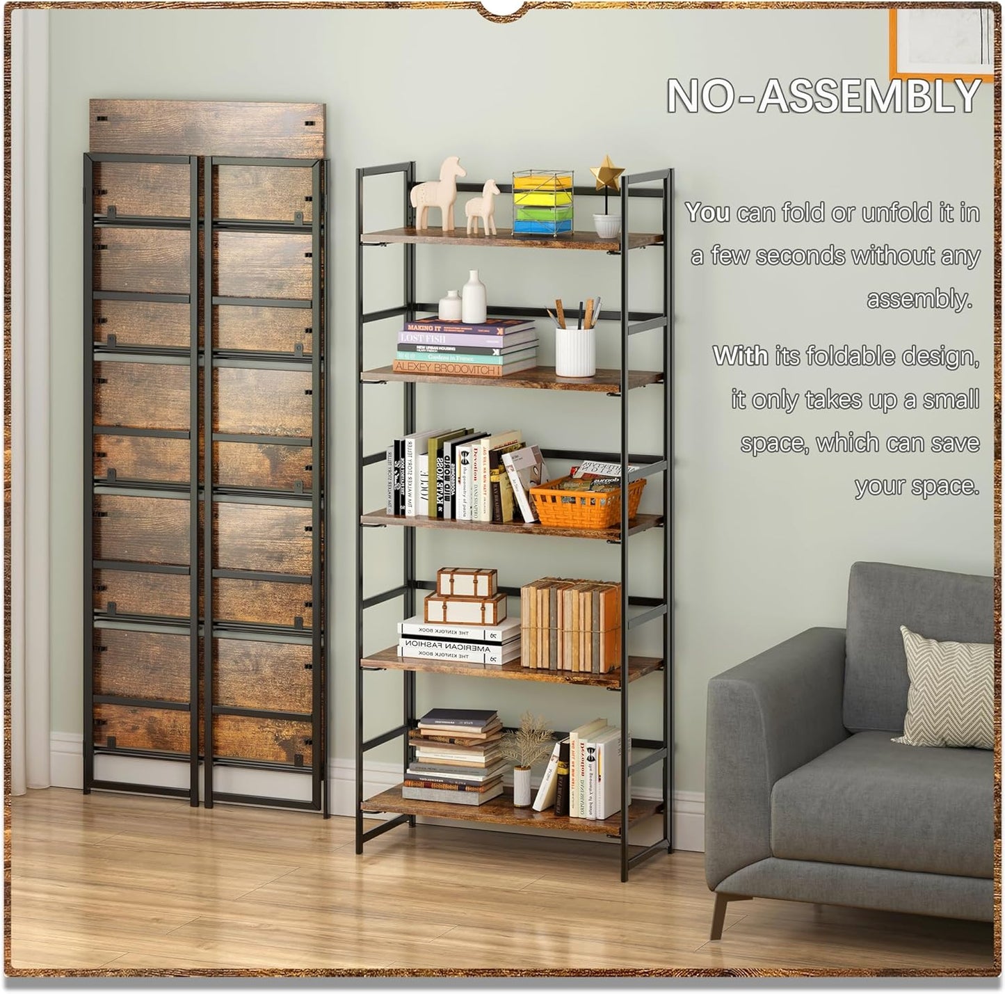 4NM No Assembly 5 Tiers Book Shelves, Black Folding Bookshelf Bookcase Open Industrial Foldable Shelves for Bedroom, Living Room, Home Office - Rustic Brown Black