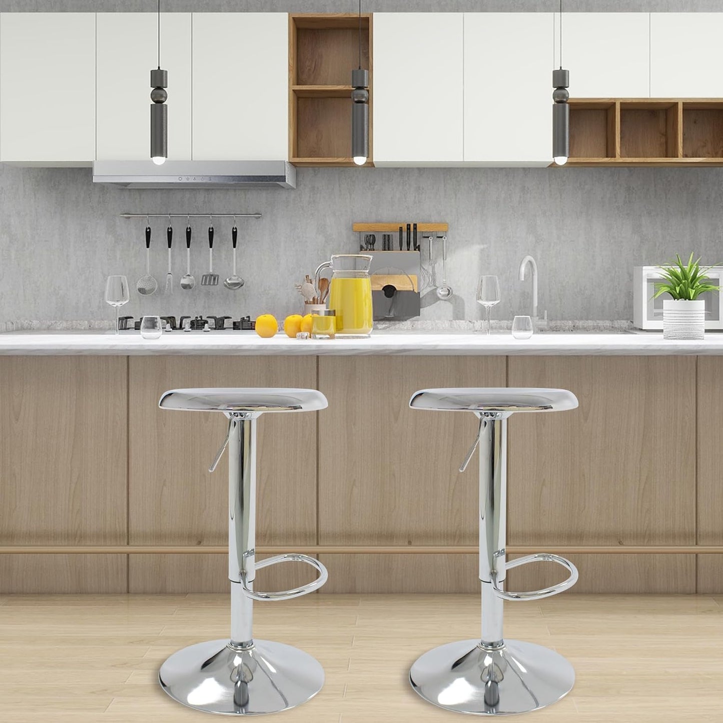 CAROLMADE Bar Stools Set of 2, Adjustable Metal Bar stools Swivel Counter Height Stool Backless Barstools for Kitchen Island Pub, Chrome
