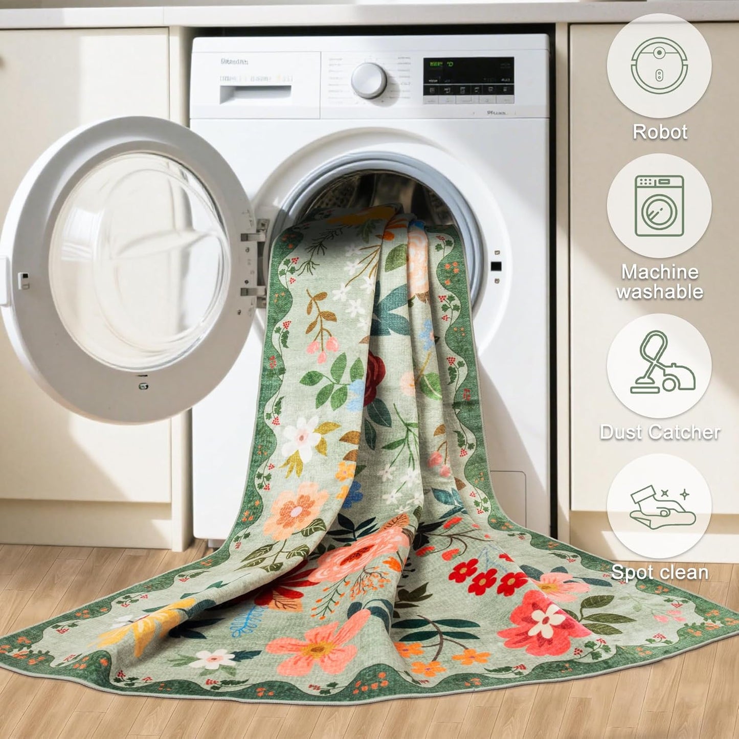 6x9 Area Rugs for Living Room: Floral Washable Rug Vintage Large Soft Boho Non-Slip Carpet Indoor Stain Resistant Thin Carpets for Bedroom Dining Room Farmhouse Nursery Hallway Home Office Green