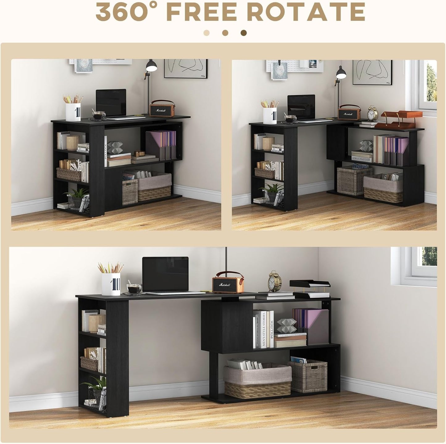 HOMCOM L Shaped Desk, Corner Computer Desk, 360 Degree Rotating Home Office Desk with Storage Shelves, Writing Table Workstation, Black