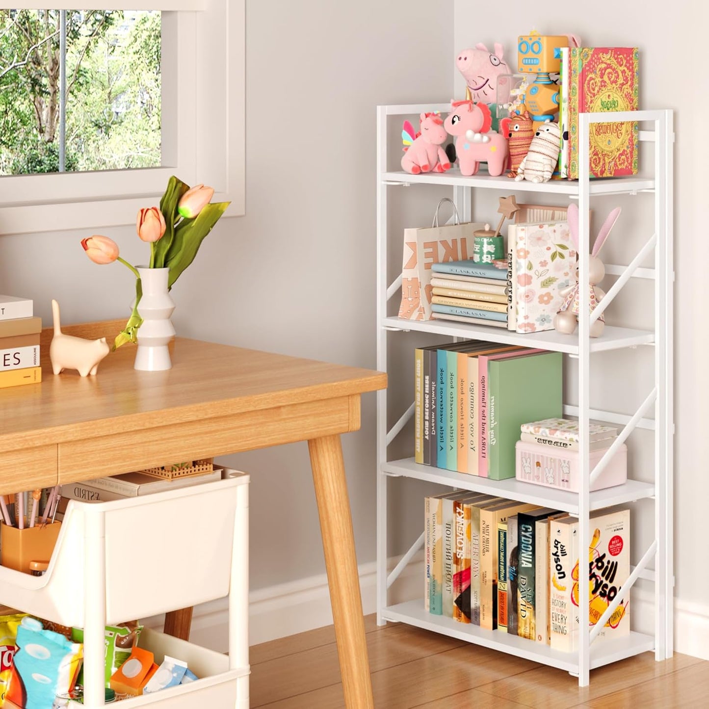 JSB No Assembly Folding Bookshelf, 4 Tier Industrial Metal Book Shelf for Storage, Vintage Wood Foldable Bookcase for Living Room, Bedroom, Office Organization Shelves