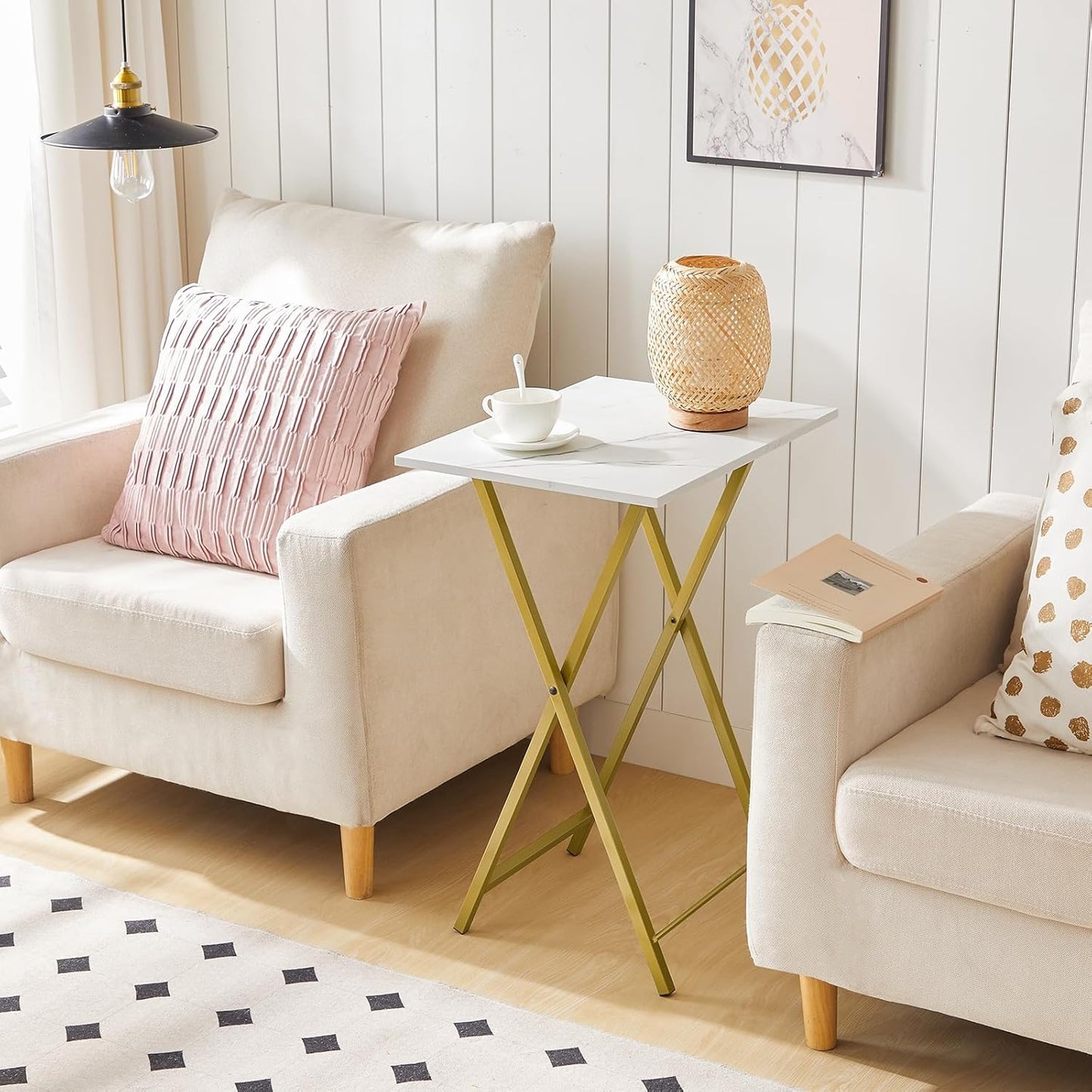 HOOBRO Folding TV Tray Tables, Set of 4 TV Trays with Storage Rack, Industrial Side Table for Eating at Couch, Foldable Snack Table for Small Space, Easy Assembly, Marble and Gold DM50BZ01