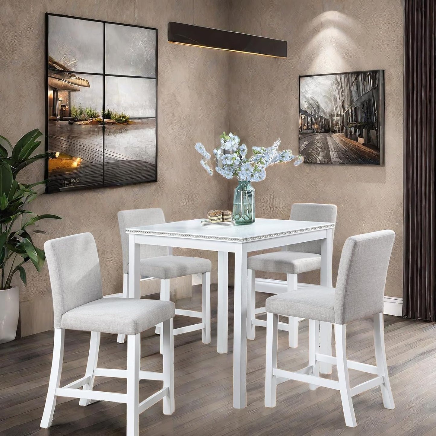 5PCS Modern White Counter Height Dining Table Set, Square Table with Crystal Decoration and 4 Upholstered Chairs for Kitchen, Dining Room