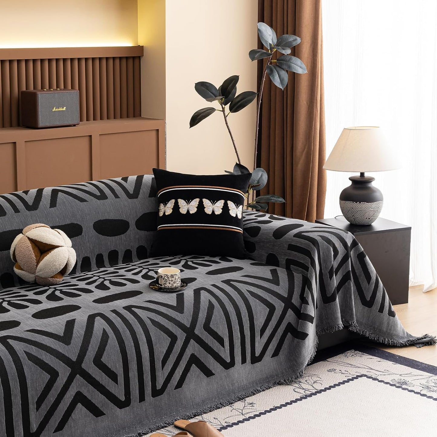 HANDONTIME Boho Couch Cover Blanket Geometric Striped Pet Covers for Couches and Sofas Dark Grey and Black Dog Cover for Couch Pet Friendly Chenille Sectional Sofa Covers for Pets Washable, 71" X118"