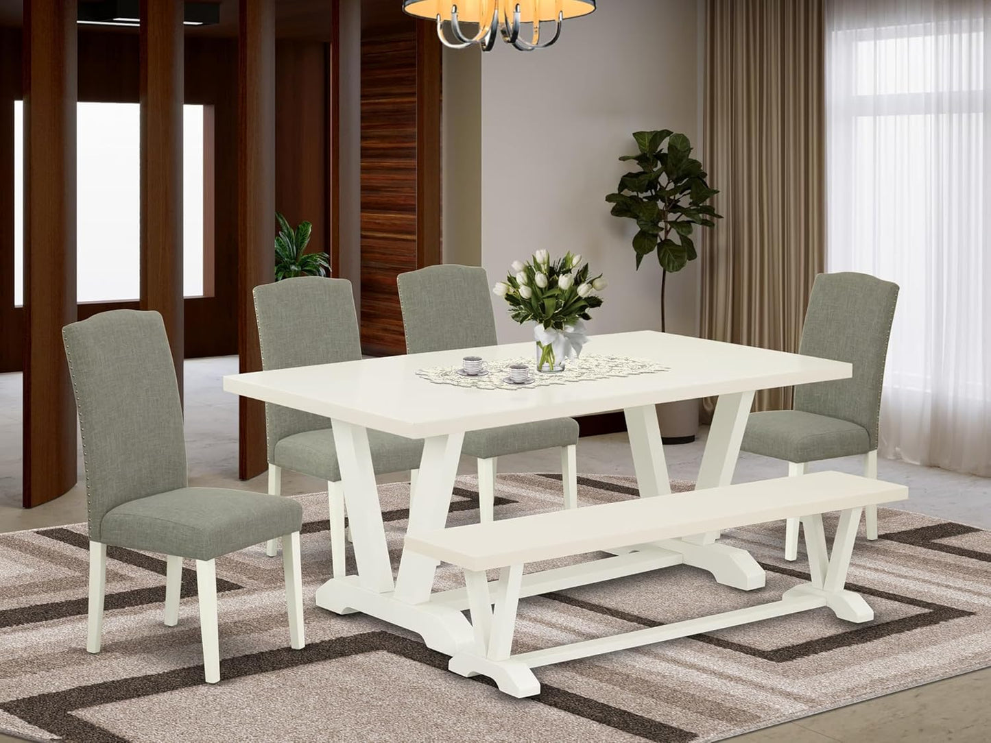 East West Furniture V027EN206-6 6 Piece Kitchen Table Set Contains a Rectangle Dining Table with V-Legs and 4 Dark Shitake Linen Fabric Parson Chairs with a Bench, 40x72 Inch, Multi-Color